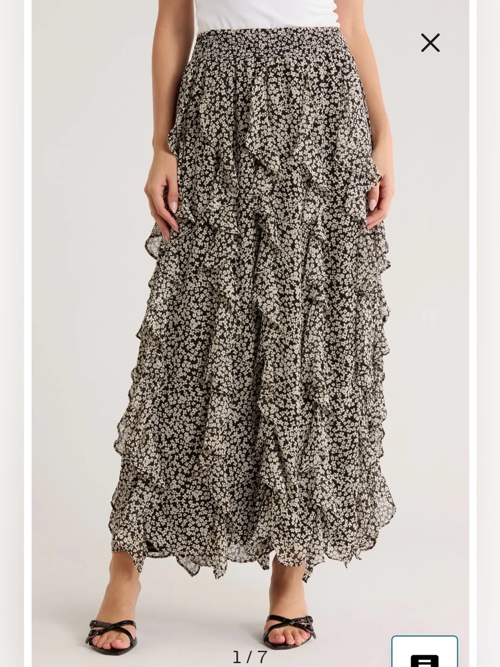 NWT- 1.STATE Corkscrew Floral Ruffle Maxi Skirt, black & white, size Medium